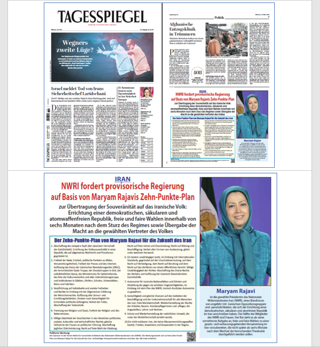 JavadDabiran's tweet photo. Heute (18.03.) wurde der Zehn-Punkte-Plan der Oppositionsführerin @Maryam_Rajavi, der gewählten Präsidentin des Nationalen Widerstandsrats Iran (NWRI), in der Berliner Zeitung Der Tagesspiegel veröffentlicht.

Am 28. Februar kündigte der NWRI auf der Grundlage des Zehn-Punkte-Plans von #MaryamRajavi die Bildung einer provisorischen Regierung an. Ihre Aufgabe besteht darin, innerhalb von sechs Monaten nach dem Sturz des Regimes die Souveränität an das iranische Volk zu übertragen. Diese Initiative hat bereits die Unterstützung von mehr als 1.000 Parlamentariern und politischen Persönlichkeiten in den Vereinigten Staaten und Europa erhalten.
Wie Frau Rajavi betont hat, lautet die Parole dieses Widerstands und seiner provisorischen Regierung Frieden und Freiheit, eine demokratische Republik, die sowohl die religiöse Diktatur als auch den monarchistischen Faschismus ablehnt.

Der Zehn-Punkte-Plan von Maryam Rajavi für die Zukunft des Iran
1. Abschaffung des velayat-e faqih (der absoluten Herrschaft der Geistlichkeit). Errichtung der Volkssouveränität in einer Republik, die auf allgemeines Wahlrecht und Pluralismus gegründet ist.
2. Freiheit der Rede, Freiheit, politische Parteien zu bilden, Versammlungsfreiheit, Freiheit der Presse und des Internet; Auflösung des Korps der Islamischen Revolutionsgarden (IRGC), der terroristischen Quds-Truppe, der Einsatztruppen in Zivil, der volksfeindlichen Bassij, des Ministeriums für Geheimdienste, des Rats der Kulturrevolution und aller Unterdrückungstrupps und institutionen in Städten, Dörfern, Schulen, Universitäten, Büros und Fabriken.
3. Verpflichtung auf individuelle und soziale Freiheiten und Rechte im Einklang mit der Allgemeinen Erklärung der Menschenrechte. Auflösung aller Zensur- und Ermittlungsbehörden. Streben nach Gerechtigkeit für ermordete politische Gefangene, Verbot der Folter, Abschaffung der Todesstrafe.
4. Trennung von Religion und Staat, Freiheit der Religion und des Bekenntnisses.
5. Völlige Gleichheit der Geschlechter in den Bereichen politischer, sozialer, kultureller und wirtschaftlicher Rechte; gleiche Teilnahme der Frauen an politischer Führung. Abschaffung jeglicher Diskriminierung; Recht auf freie Wahl der Kleidung; Recht auf freie Heirat und Ehescheidung; Recht auf Bildung und Beschäftigung. Verbot aller Formen von Ausbeutung, gleich unter welchem Vorwand.
6. Ein System unabhängiger Justiz, im Einklang mit internationalen Standards, gegründet auf der Unschuldsvermutung, auf dem Recht auf Verteidigung, dem Recht auf Berufung und dem Recht auf das Verfahren vor einem öffentlichen Gericht. Völlige Unabhängigkeit der Richter. Abschaffung des Sharia-Rechts der Mullahs und Auflösung der Islamisch-Revolutionären Gerichtshöfe.
7. Autonomie für iranische Nationalitäten und Ethnien und Abstellung der gegen sie verübten Ungerechtigkeiten, im Einklang mit dem Plan des NWRI, Iranisch-Kurdistan Autonomie zu gewähren.
8. Gerechtigkeit und gleiche Chancen auf den Gebieten der Beschäftigung und der Unternehmerschaft für alle Menschen des Iran; freie Marktwirtschaft. Wiederherstellung der Rechte der Arbeiter, Bauern, Krankenpflegerinnen und -pfleger, der Angestellten, Lehrer und Rentner.
9. Schutz und Wiederherstellung der natürlichen Umwelt, die unter der Mullahherrschaft zerstört wurde.
10. Ein nicht-nuklearer Iran, der keine Massenvernichtungswaffen besitzt. Frieden, Koexistenz und Kooperation in der Region.
#Iran #FreeIran10PointPlan