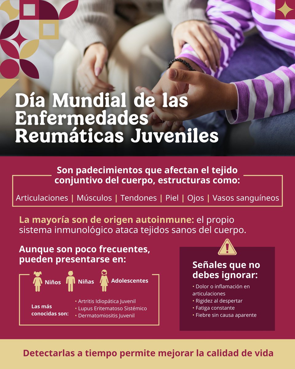 ISSSTE_mx's tweet photo. 🦵🏻👀 Muchos creen que las enfermedades reumáticas son algo que solo aparecen con la edad… pero la realidad es que también puede afectar a niñas, niños y adolescentes. 👶🏻👧🏻

Cuando aparecen a edades tempranas, reconocer los síntomas y buscar atención médica puede marcar una gran diferencia en su desarrollo y calidad de vida. ✨✔️

👉🏼 Comparte esta información. A veces conocer un síntoma a tiempo puede ayudar a que alguien busque atención médica cuando más lo necesita. 💙