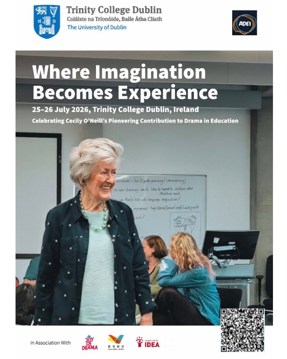 TCD_AHSS's tweet photo. Join us for the 'Where Imagination Becomes
Experience' Conference at Trinity College Dublin, a landmark celebration of Cecily O'Neill's extraordinary legacy as she marks her 90th birthday!

Learn more here:

https://t.co/BUhbp72NyL 

@tcddublin 

#TCD #Drama #TrinityCollege https://t.co/M2itfLGl4d