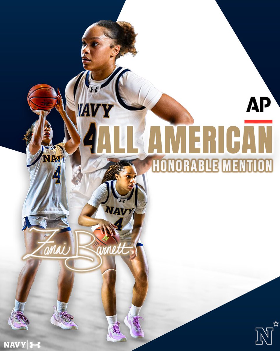 The awards keep rolling in for <a href="/zanaibg44/">zanai barnett-gay</a>! She is now an Associated Press Honorable Mention All-American 💤🔥

#GoNavy | #Impact