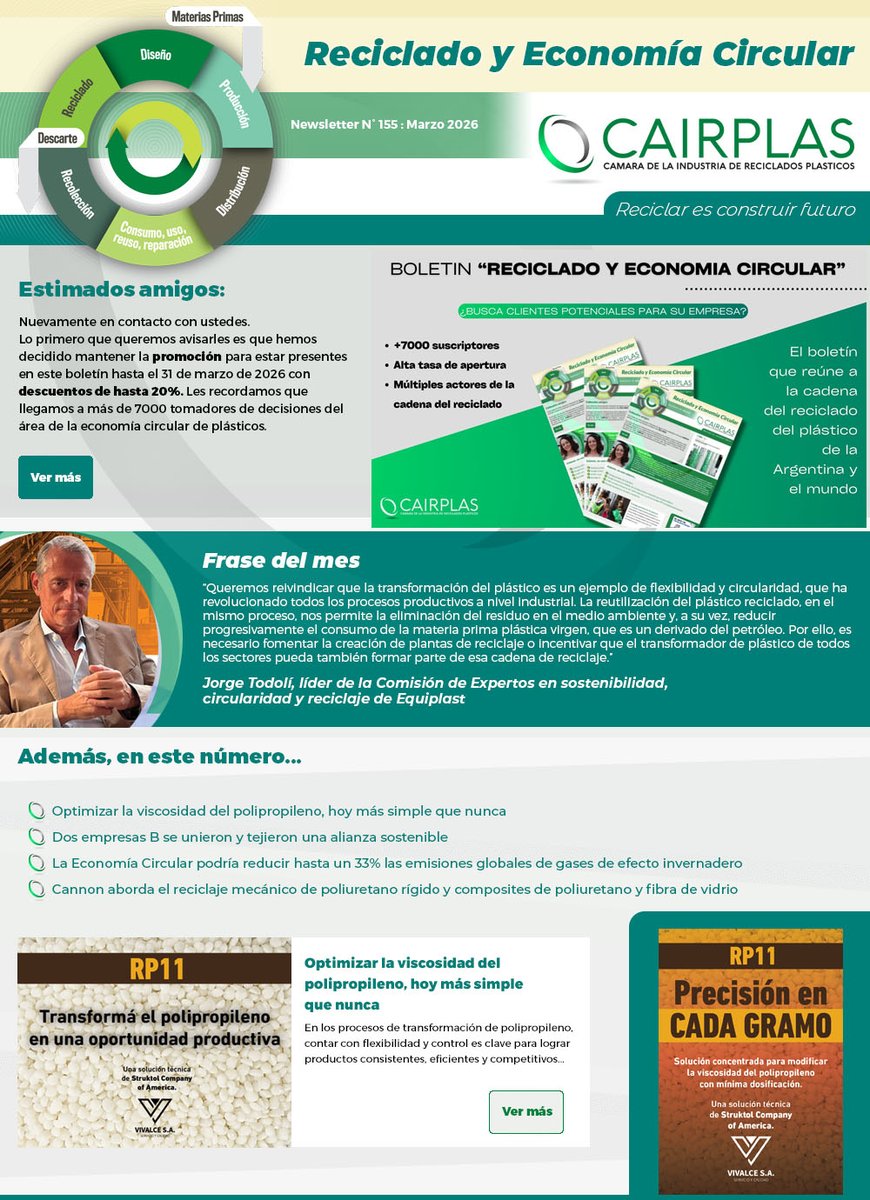 CAIRPLAS1's tweet photo. ¡Ya salió el nuevo boletín!
♻️ RECICLADO Y ECONOMÍA CIRCULAR N°155 ♻️
Suscribite a https://t.co/1sN9dxCSML y no te pierdas las últimas novedades del reciclado! https://t.co/9Bs7KOQs4t