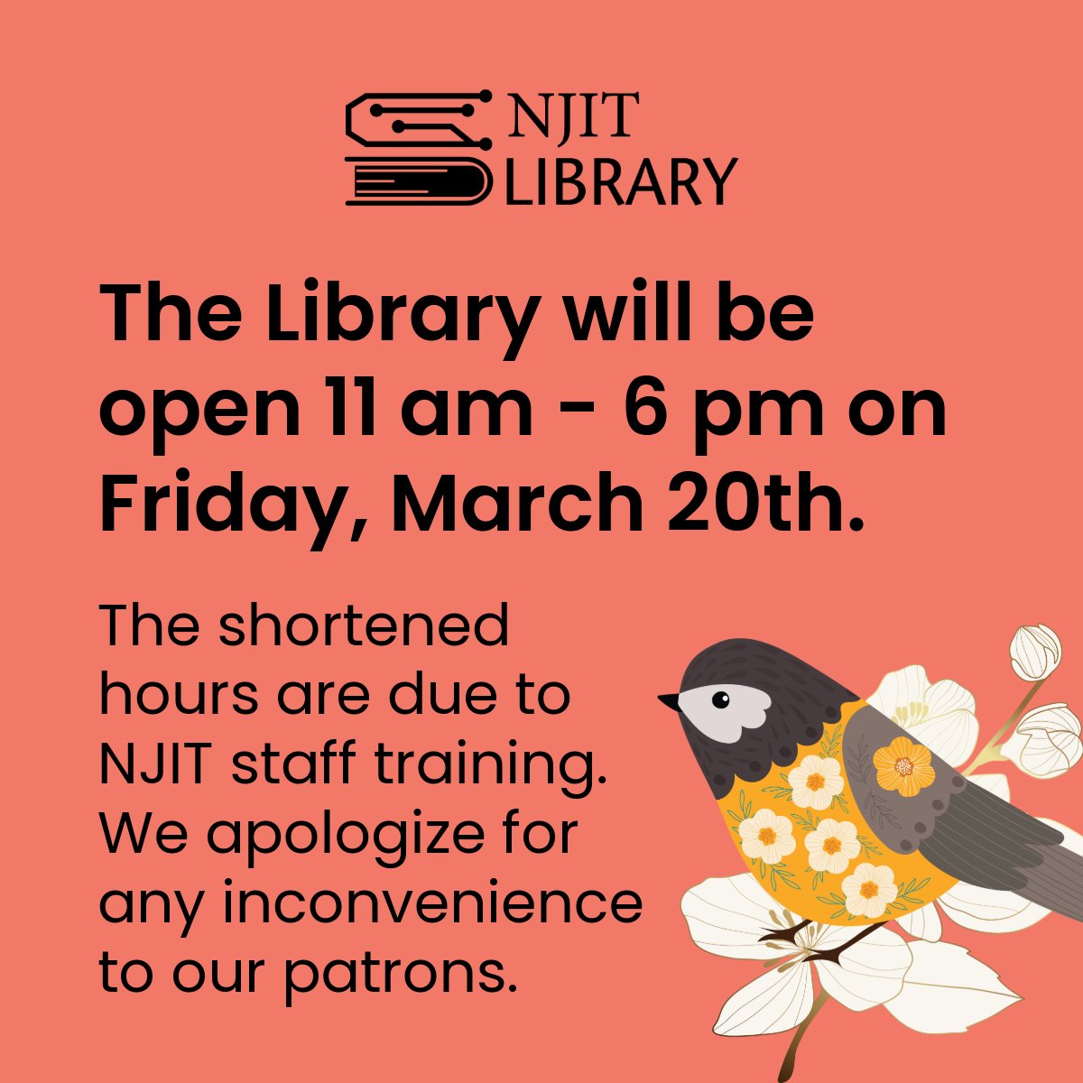 NJITLibrary's tweet photo. Please note that the #njitlibrary will have delayed opening on Friday, March 20th. We will be open from 11 am - 6 pm due to NJIT staff training and look forward to seeing you at 11 am!
 
#springbreak #adjustedhours https://t.co/KeliMkApUU