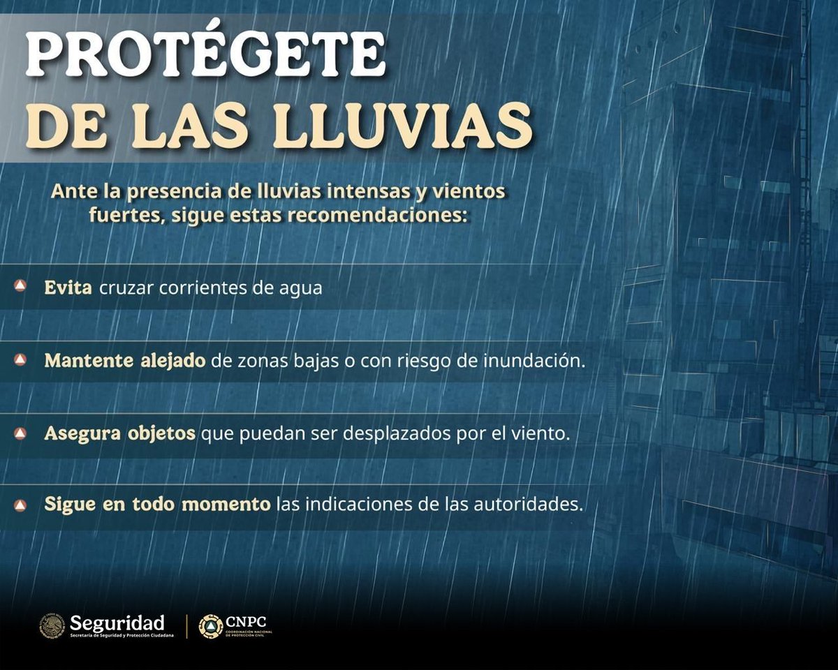 CNPC_MX's tweet photo. Para este miércoles se pronostican #Lluvias fuertes (de 25 a 50 mm) ☔️ en #Chiapas y #QuintanaRoo; e intervalos de chubascos (de 5 a 25 mm) en #Guerrero, #Oaxaca, #Veracruz, #Tabasco, #Campeche y #Yucatán. 

¡Toma precauciones! https://t.co/KrW17sCWTl