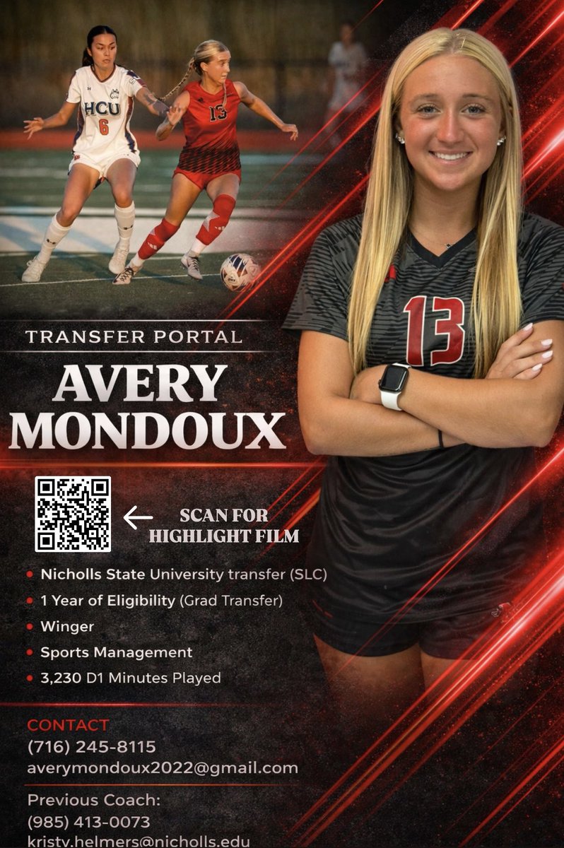 avery_mondoux's tweet photo. After four great years with @Nicholls_SOC, I have entered the #TransferPortal to pursue graduate opportunities in Sport Management and compete in my final year of eligibility.
Grateful for my time at @NichollsState and am excited for what’s next!
@ImYouthSoccer @ImCollegeSoccer https://t.co/U7prpAZhKY