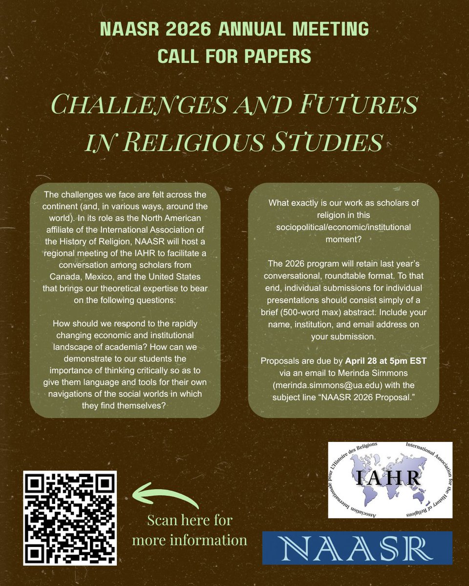 NAASReligion's tweet photo. Our 2026 Call for Papers is LIVE!

Scan the QR code, visit our website, or check your email for more information about this year's theme!

https://t.co/M2o0Tnt61r

#religiousstudies #naasr26 #naasr #religion #iahr https://t.co/pay8ZIPQ8J