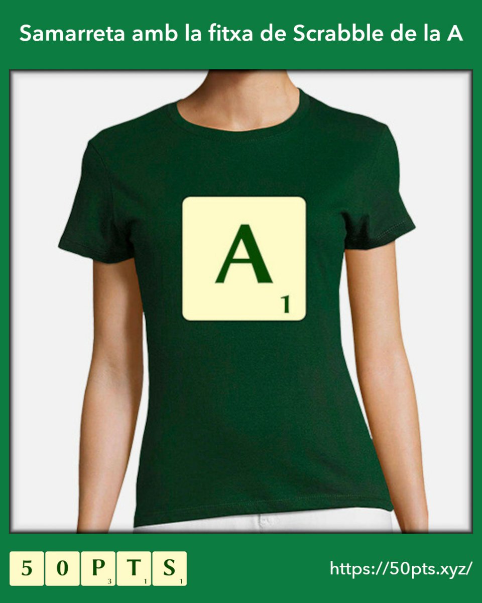 50pts_cat's tweet image. Samarreta amb la fitxa de Scrabble de la A

¿La vols per a tu? Visita el nostre web i descobreix totes les nostres samarretes inspirades en l'#ScrabbleEnCatalà. Disponibles amb totes les peces de l'#ScrabbleCAT i en 12 colors per a dona. També tenim talles per a home.