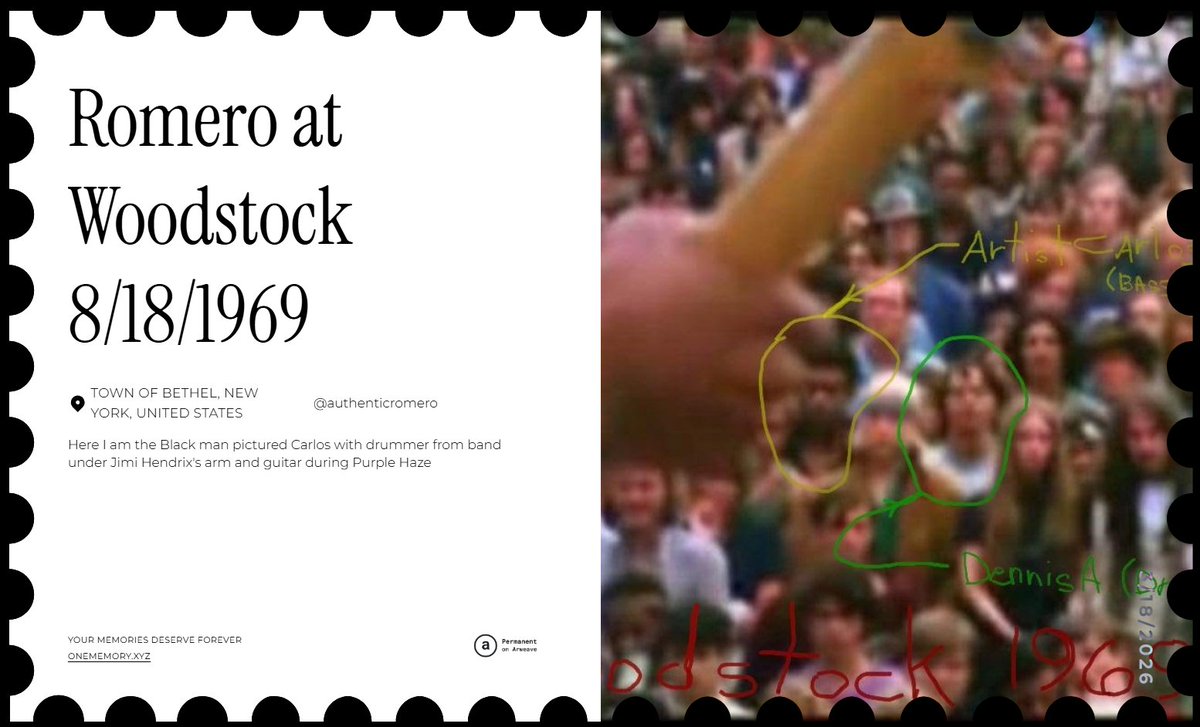 authenticromero's tweet photo. This memory is now permanent Preserved on Arweave for centuries. @aoTheComputer Romero at Woodstock 8/18/1969 #Arweave #PermanentMemory #Woodstock1969 #DigitalPreservation #AoTheComputer https://t.co/UqO4dq2M11 https://t.co/SMxdUV550G