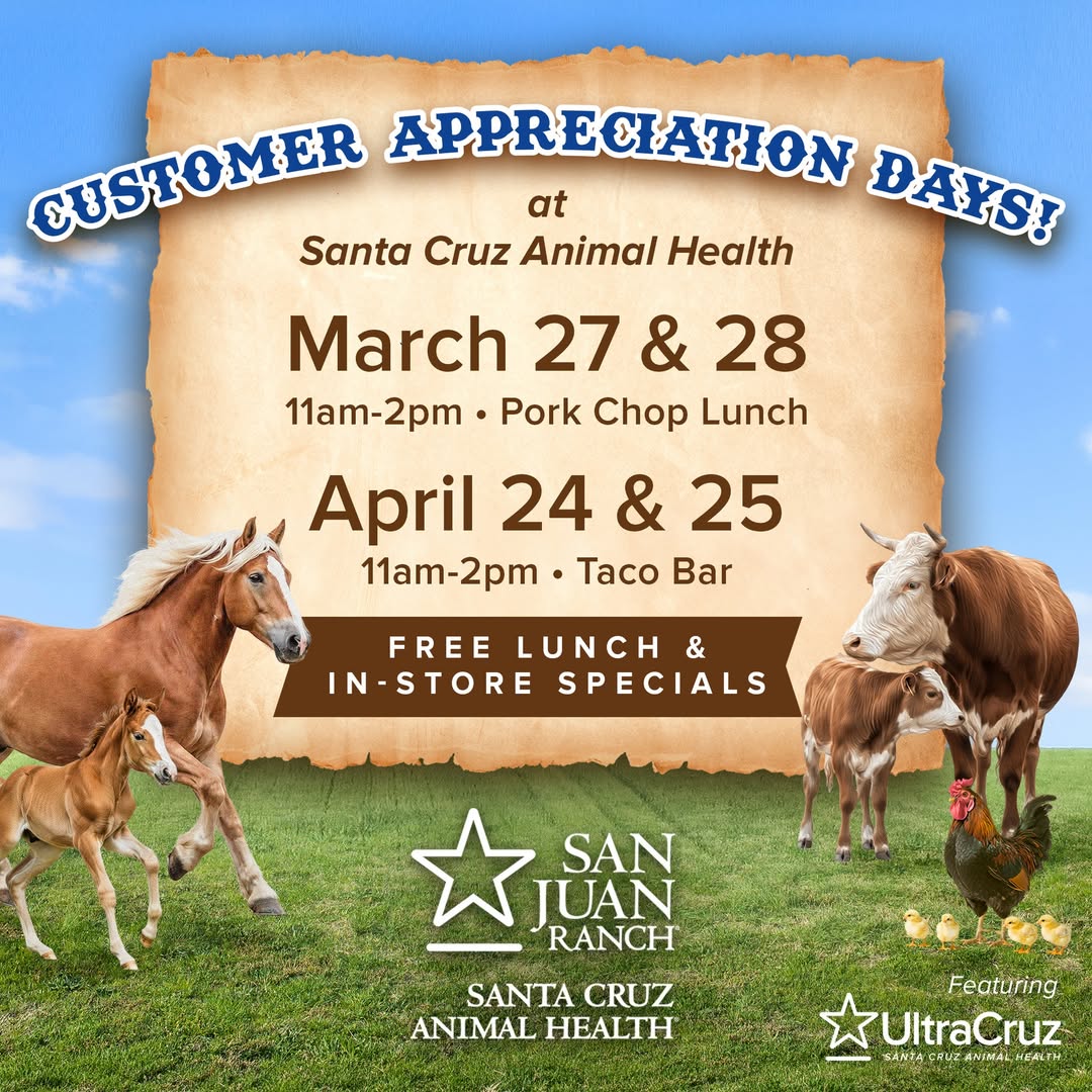 Free lunch and good company — it doesn’t get much better than that.
Join us at our Weatherford location for our Customer Appreciation Days 
🐷 March 27 &amp; 28 | 11am–2pm – Pork Chop Lunch
🐮 April 24 &amp; 25 | 11am–2pm – Taco Bar
#SantaCruzAnimalHealth #SanJuanRanch #weatherfordtx
