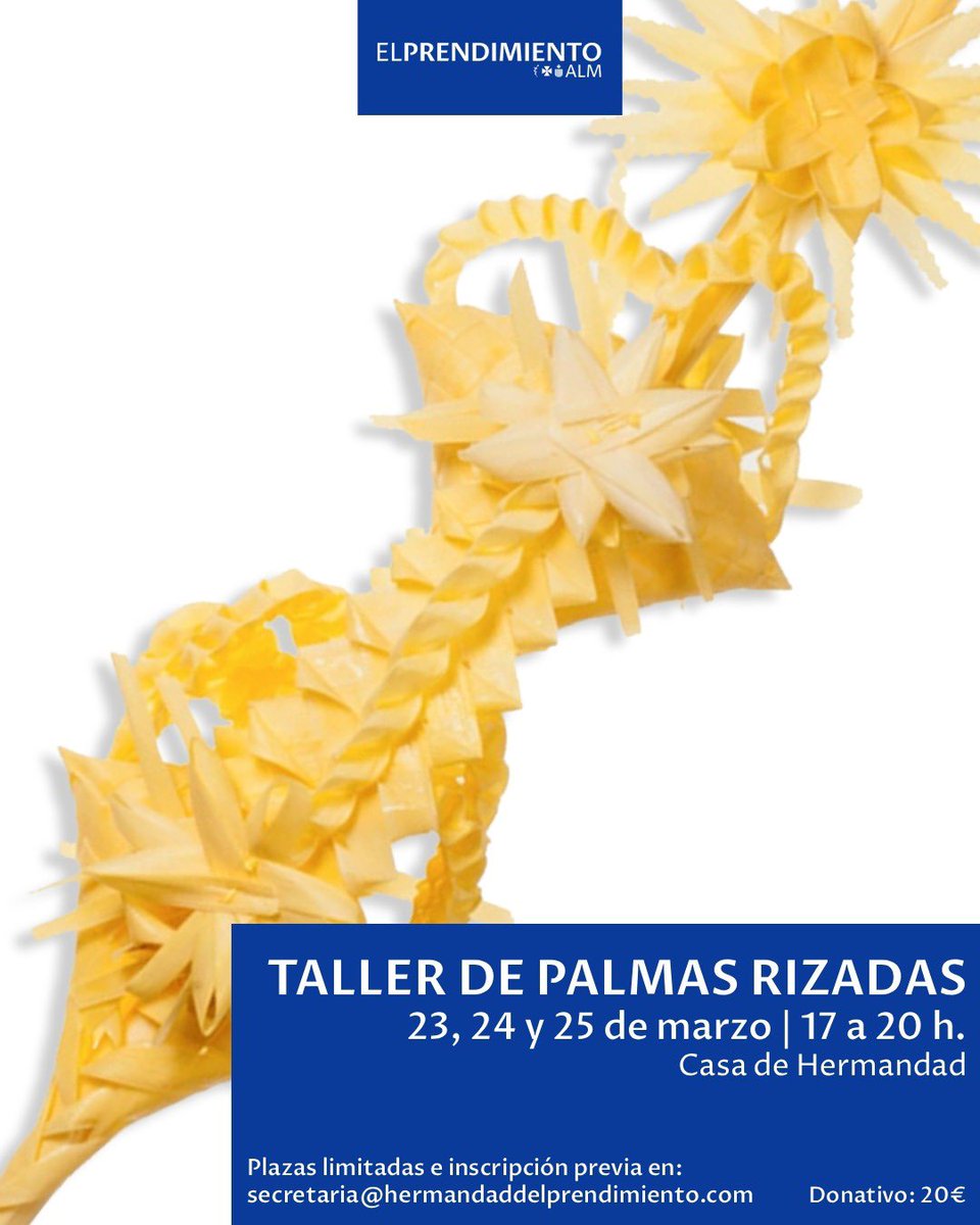 🔵 Desde la hermandad organizamos un taller de rizado de palmas, impartido por N.H. Jose Fernández.

Tendrá lugar en tres clases del 23 al 25 de marzo, de 17 a 20 h. en la Casa de Hdad. con plazas limitadas.

Donativo de 20€ (incluye materiales y palma) e inscripción por mail.