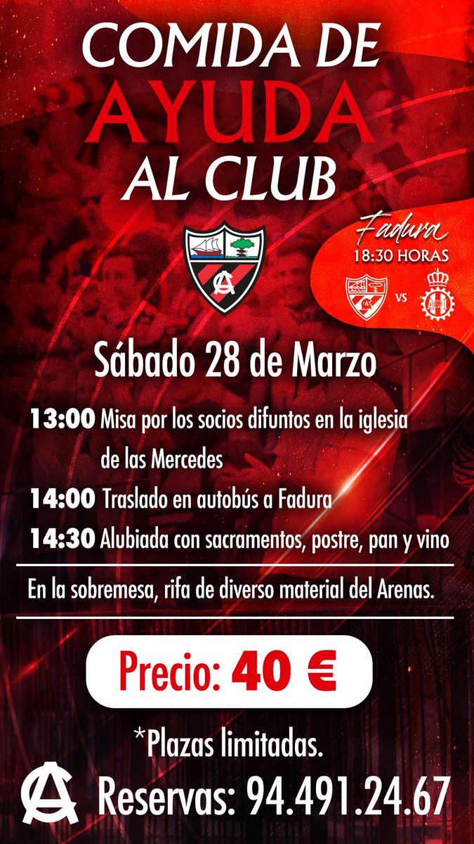 arenas_club1909's tweet photo. 🚨El sábado 28 de marzo a las 14.30h celebraremos en el Tiki-Toki del campo de Fadura una comida de hermandad de la familia arenera antes de recibir al @RealAvilesInd. 

📅El miércoles 25 de marzo, último día para inscribirse. 

#ArenasClub #AupaHistorico
#Getxo #GetxoKirolak https://t.co/XzeI5JMnY9