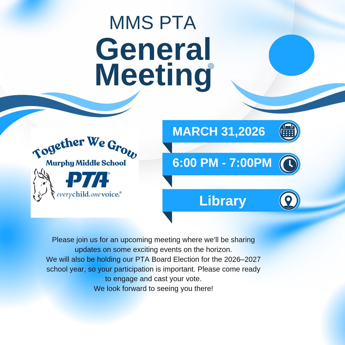 MMSPTA's tweet photo. Come join us at the next MMS PTA General Meeting on March 31st at 6pm in the library. https://t.co/YirXNRnWka