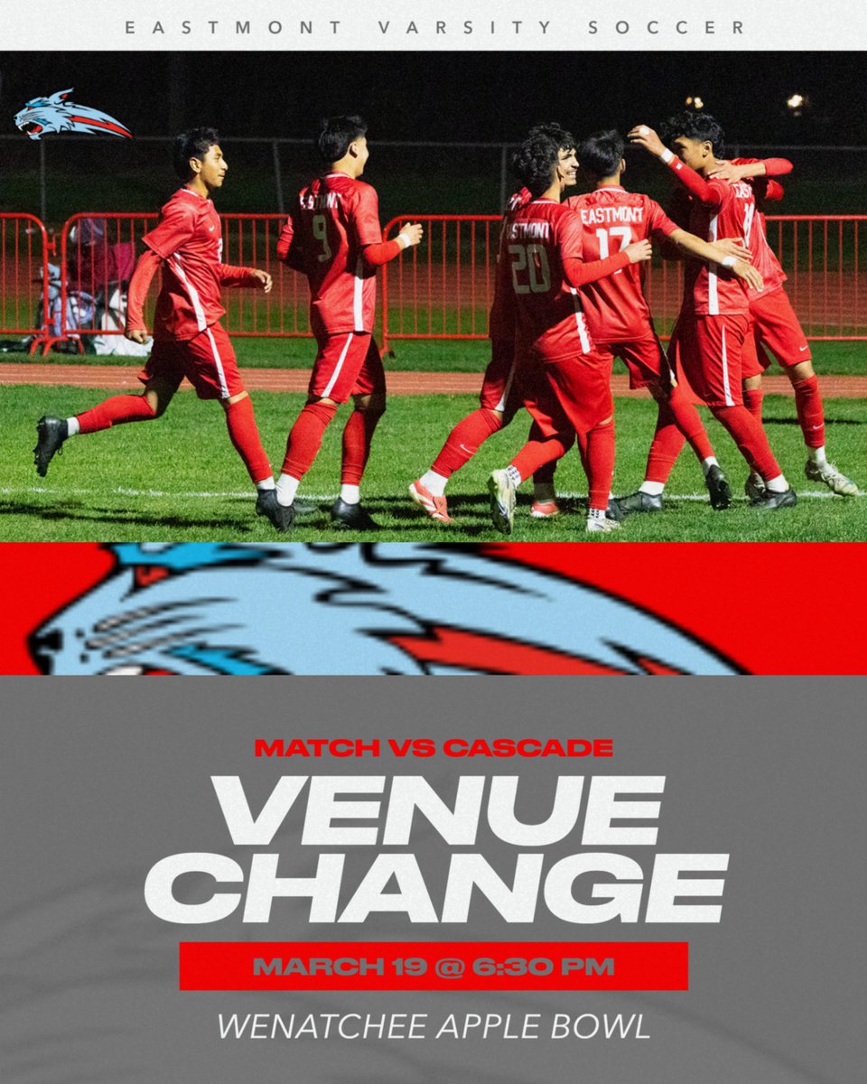 EastmontSports's tweet image. Tomorrow's Varsity match vs Cascade has been moved to the Apple Bowl with a start time of 6:30 PM.  This is due to snow still on Cascade's soccer field.  Eastmont will be seated on the Rec Park side of the stadium.  The JV game has been cancelled for now.  #Gamechange #GOCATS
