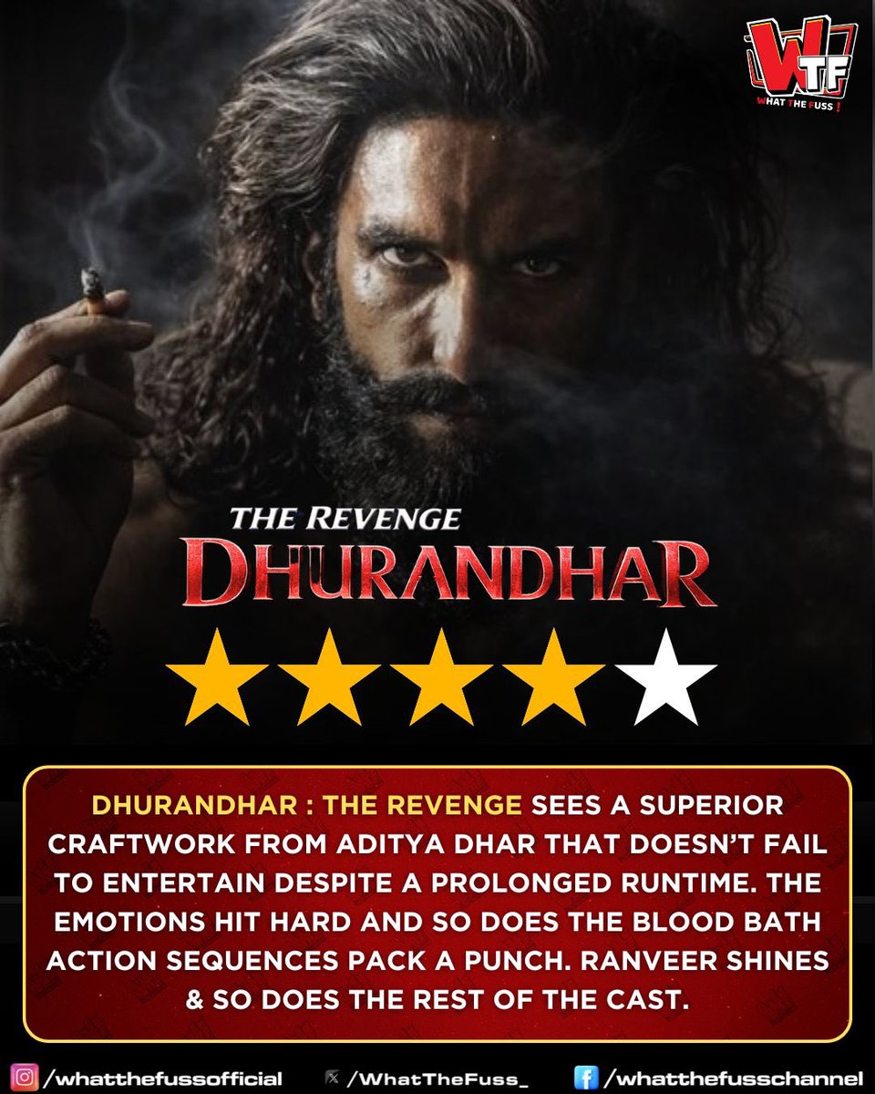 WhatTheFuss_'s tweet photo. #DhurandharTheRevenge Review:

@AdityaDharFilms has crafted a story in two parts that is equally entertaining and satisfying to watch. The storyline, the journey, and its culmination are truly epic. The film is filled with enough goosebump moments to make theatre halls go berserk for sure. The drama and patriotic moments hit hard, and the revenge angle is handled with real impact.  

@RanveerOfficial was incredible while @ActorMadhavan excels with some stand out sequences. The first half sets everything up perfectly, while the second half goes all out with action, surprises, and high-energy sequences.  

It’s easily one of the best theatrical experiences this year — a complete entertainer and a sure-shot blockbuster.

#Dhurandhar2 #Dhurandhar2Review #RanveerSingh