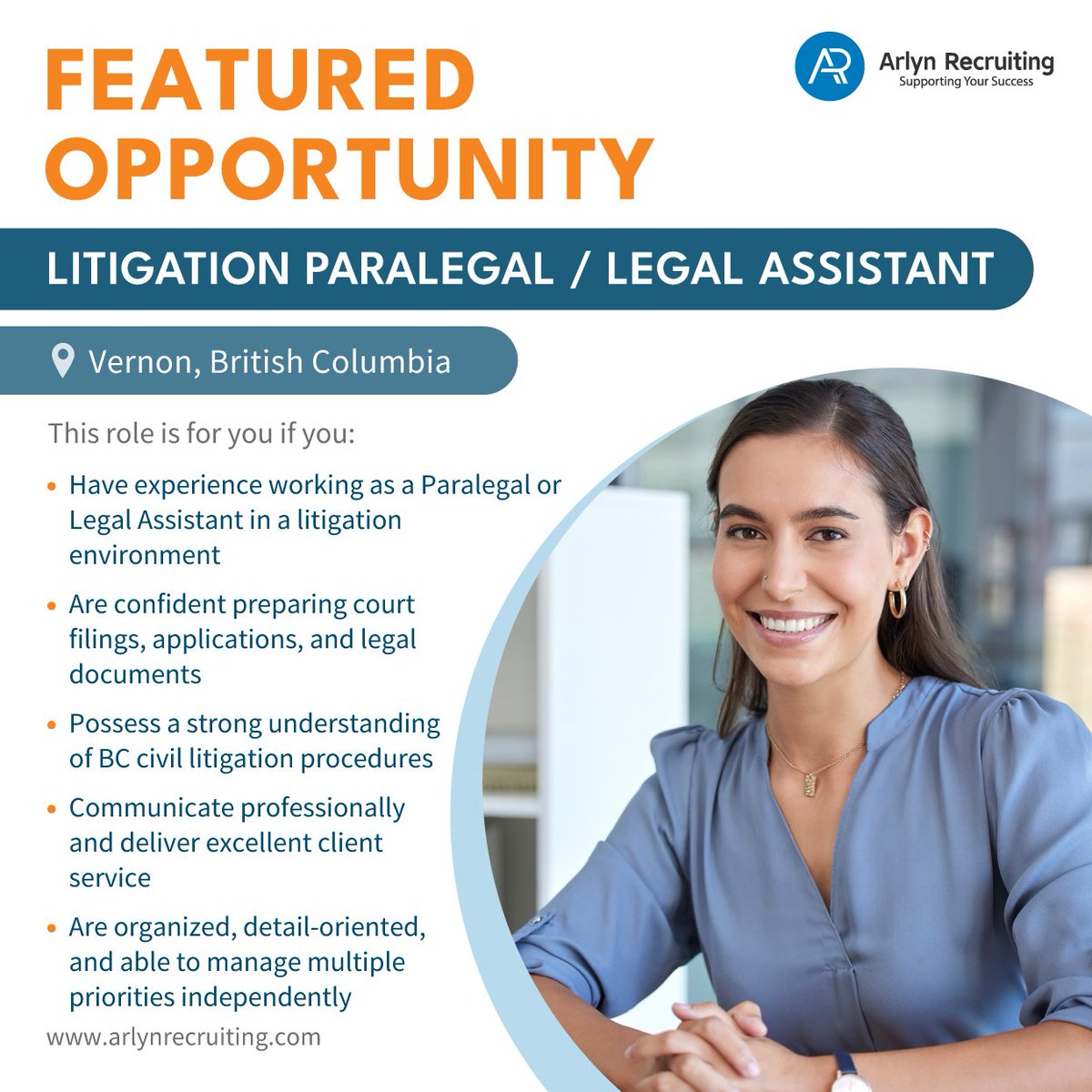 ArlynRecruiting's tweet photo. We’re hiring: Litigation Paralegal / Legal Assistant. 

📍 Vernon, BC | ⚖️ Litigation | 🤝 Supportive team

Work on complex files with strong benefits and growth opportunities.

Apply now 👉 https://t.co/A1hlTbbPHz

#LegalJobs #Vancouver #ParalegalJobs #NowHiring https://t.co/1tO7477vnr