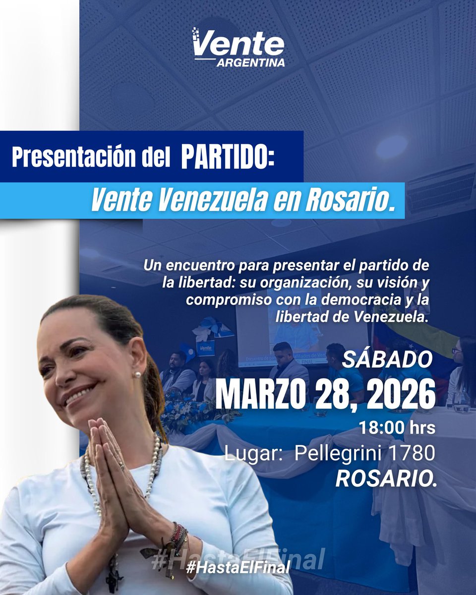 adr1anafloresm's tweet photo. Con mucha emoción, queremos compartir con ustedes la presentación de Vente Venezuela en Rosario.

Seguimos organizándonos como diaspora venezolana en el mundo para alzar nuestra voz, defender la libertad y trabajar por el futuro de Venezuela.

Y tú, como venezolano, tienes que estar ahí 🇻🇪

¡Nos vemos el sábado 28/03!