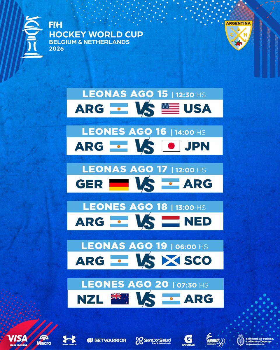 ArgFieldHockey's tweet photo. 🏆MUNDIAL 2026: DÍAS Y HORARIOS CONFIRMADOS PARA LAS LEONAS Y LOS LEONES 

La FIH anunció el FIXTURE para la Copa del Mundo 2026 que se llevará a cabo en Países Bajos y Bélgica. 

🗓️15 al 30 de agosto. 

¡Agendá y alentá a la Seleccion Argentina! 

📰 https://t.co/JeoGeMe3OK https://t.co/sa2zIFBHdR