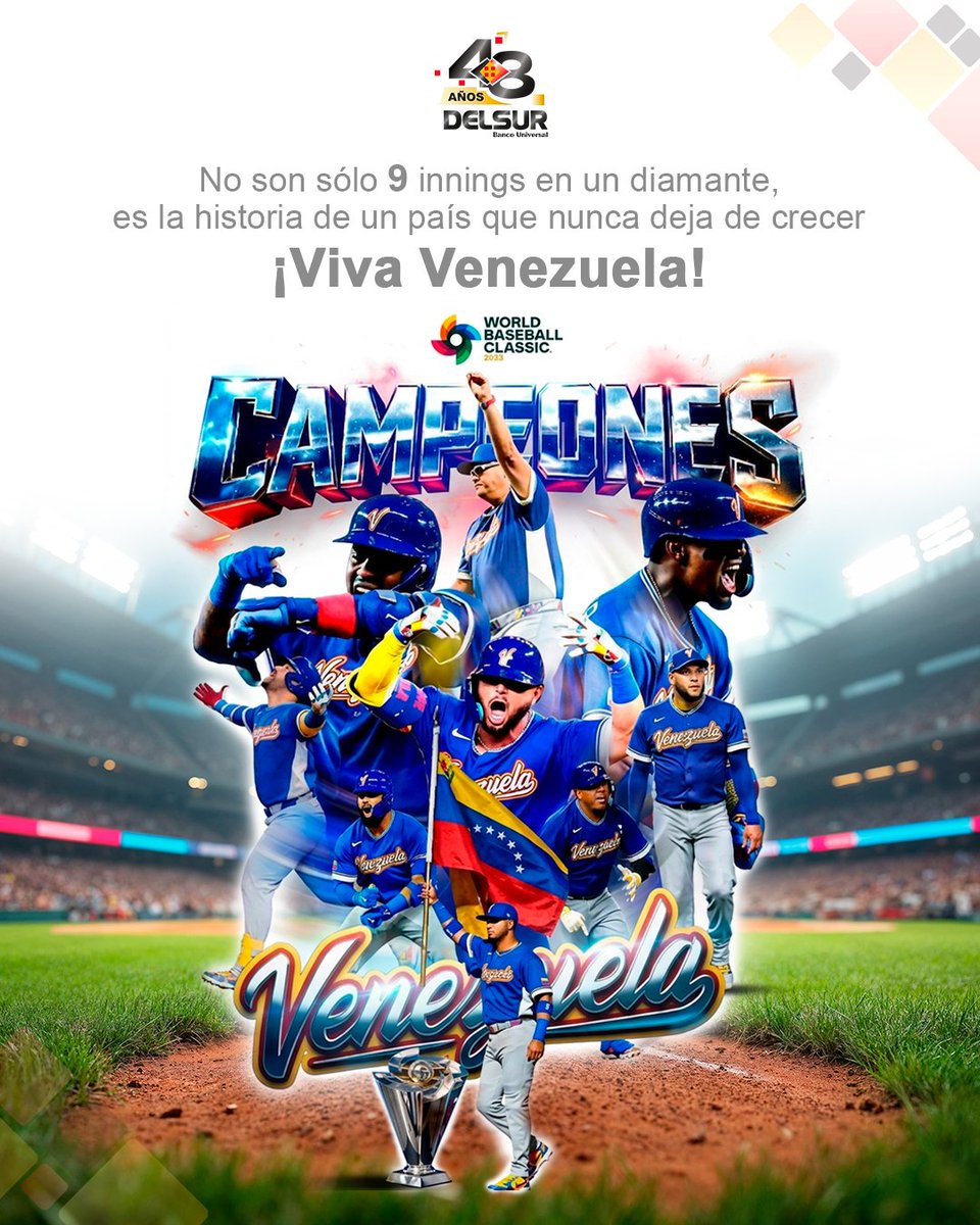 DELSURBanco's tweet photo. ¡CAMPEONES, VENEZUELA! 🏆🇻🇪 El diamante se vistió de gloria y todo el país celebra este triunfo histórico. En DELSUR, bateamos un jonrón de orgullo junto a nuestra selección. ¡Inolvidable! ⚾💥
#DELSUR #Béisbol #Venezuela #Campeones #JonrónDeOrgullo https://t.co/giB2HDcmAM