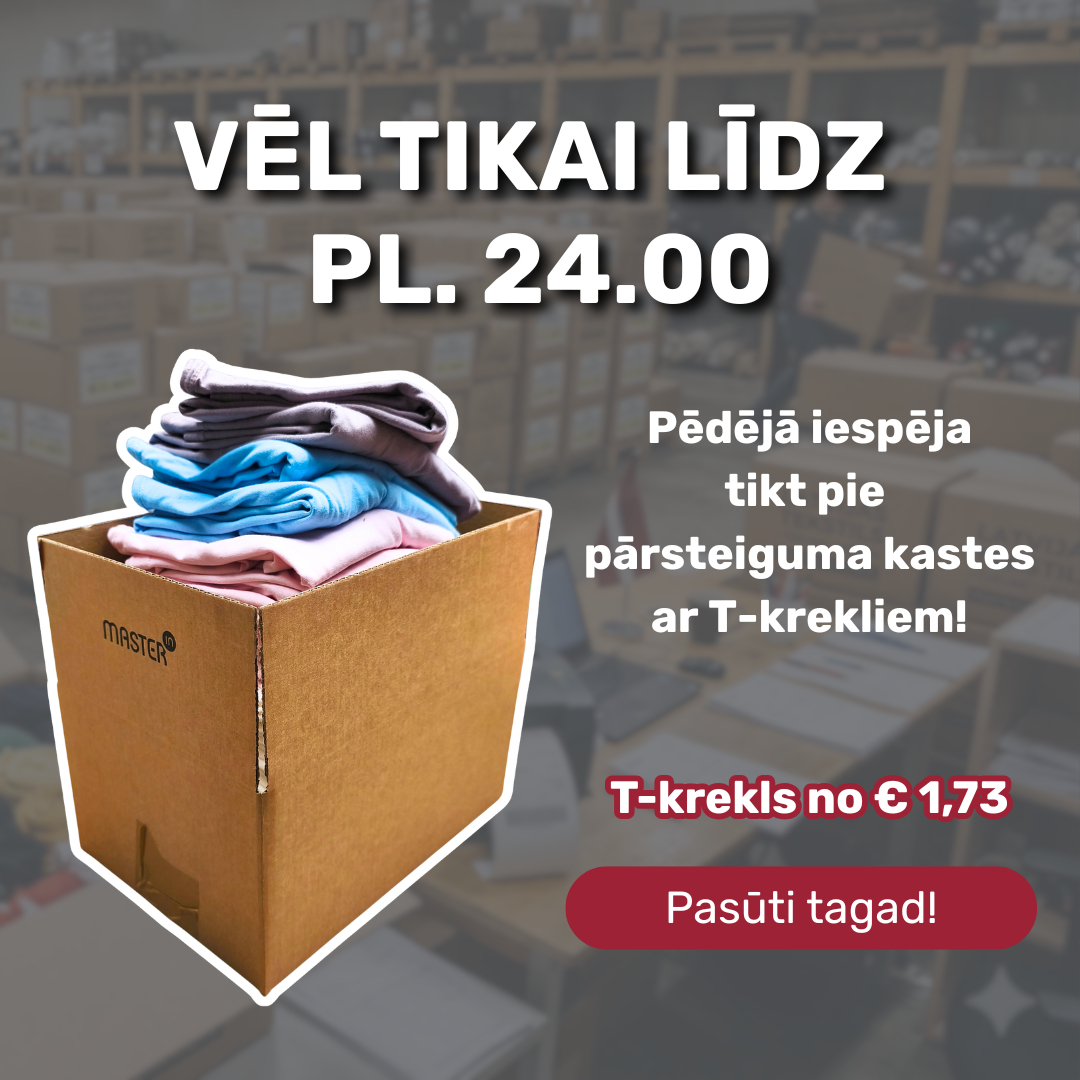 Pulkstenis tikšķ! 🕰️ Pēdējā iespēja sagrābt T-kreklu Pārsteiguma kasti!
❌ S izmērs jau IZPĀRDOTS!
📦 Krekli no 1.73 €/gab (lielajā kastē).
Tāda cena vairs nebūs! Akcija spēkā TIKAI līdz šovakar 24:00.
Pasūti tūlīt!