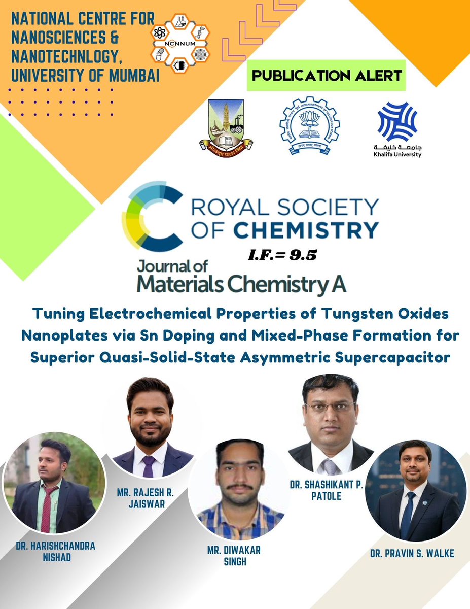 shivshripsw's tweet photo. Delighted to share publication acceptance in Journal of Materials Chemistry A highlighting atomic engineering of tungstun oxide at nanoscale by Sn integration for Quasi Solid-State Supercapacitor. @Uni_Mumbai @ANRFIndia @ugc_india @EduMinOfIndia @mnreindia @GoI_MeitY https://t.co/6wqzAOcVCv