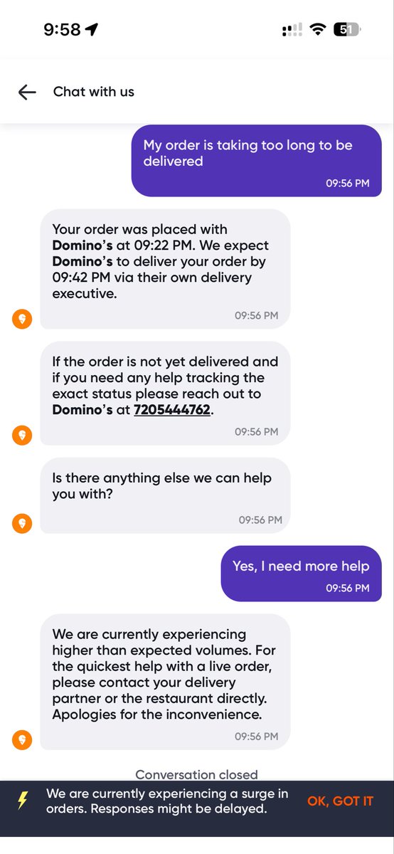 sumeshdhar95's tweet photo. Ordered from Dominos via Swiggy and ETA was 9:42PM. Reached out to support at 10PM and there is no way i can connect to Swiggy CC or Dominos CC. The Dominos number mentioned on Swiggy belongs to Deepak individual who don’t know have any connection with these @dominos @Swiggy https://t.co/0S0a9LbObB