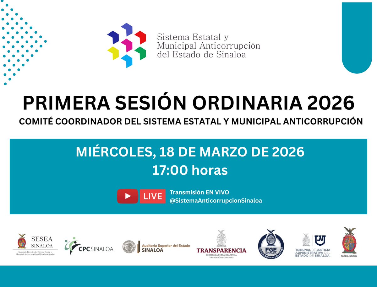 𝗛𝗢𝗬, 𝗠𝗜𝗘́𝗥𝗖𝗢𝗟𝗘𝗦 𝟭𝟴 𝗗𝗘 𝗠𝗔𝗥𝗭𝗢.
1ra. Sesión Ordinaria 2026 del Comité Coordinador

⏰17:00 Horas 
🎥 EN VIVO a través de YOUTUBE LIVE /@SistemaAnticorrupcionSinaloa

Consulta el orden del día aquí:
seseasinaloa.gob.mx/post/primera-s…