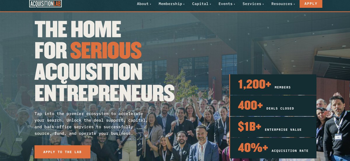 walkerdeibel's tweet photo. #AcquisitionLab launched in 2019 with a conviction: buying a small business is one of the best wealth-building moves most people can make, and the buyer side of that equation deserved real infrastructure.
Six years later: 1,200+ members. $1B+ in businesses acquired.
The largest dedicated acquisition fund in the space.
Full end-to-end ecosystem.
Proud of what the team has built.
Our new website has just launched!
https://t.co/utzrYsB4Sx