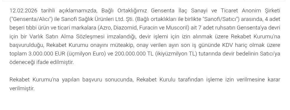 PiyasaTurkiye's tweet image. #ECİLC Rekabet Kurulu, Sanofi'nin 7 adet ruhsatının 3 milyon avro bedelle Gensenta'ya devrine onay verdi.