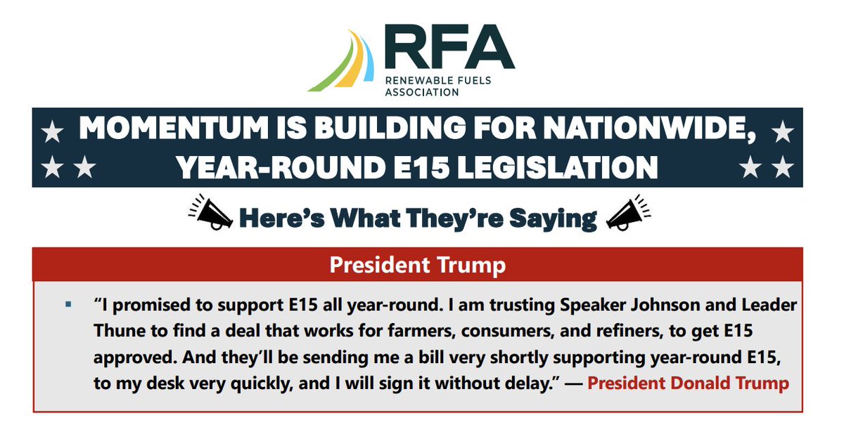 FarmPolicy's tweet image. The @EthanolRFA released a “What They’re Saying” report on E15, featuring dozens of statements from members of Congress, President Trump, administration officials, Governors, and industry leaders on the need to pass year-round E15 #fuel #legislation.

tinyurl.com/bdz4nd4y