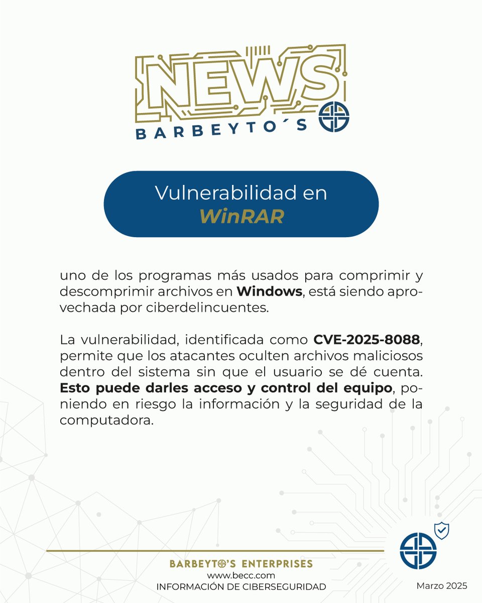 Becc_of's tweet photo. ⚠️Se identifica vulnerabilidad CVE-2025-8088 en #WinRAR. 
Atacantes podrían tomar control total de tu PC. 
📞 55 2155 9757 
✉️ contacto@becc.com.mx 
#Hacking 📧 https://t.co/2C0kmrIAZv