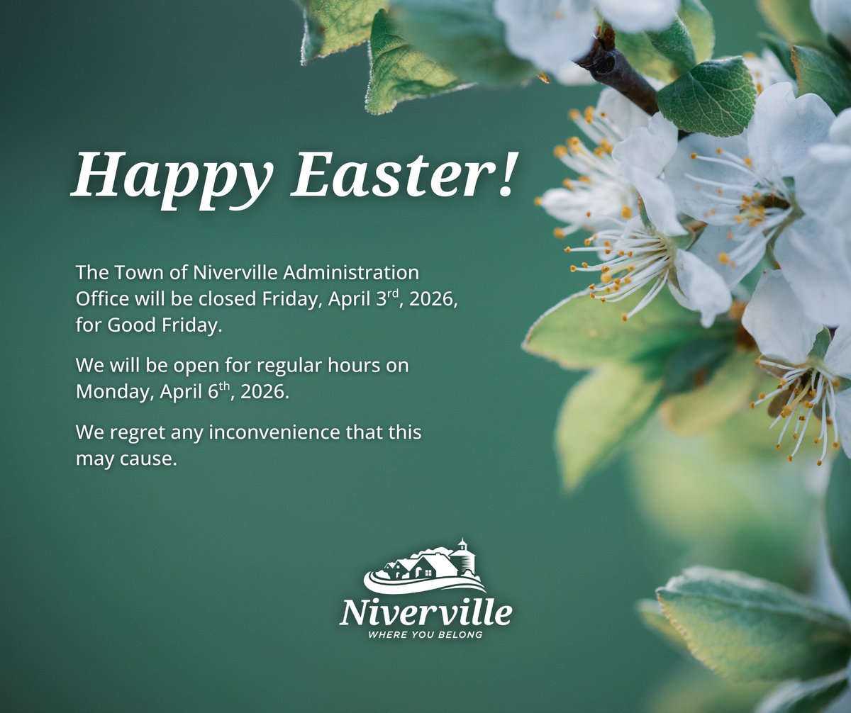 The Town of Niverville Administration Office will be closed Friday, April 3rd, 2026, for Good Friday.

We will be open for regular hours on Monday, April 6th, 2026.

#TownOfNiverville #WhereYouBelong #OfficeClosure #GoodFriday