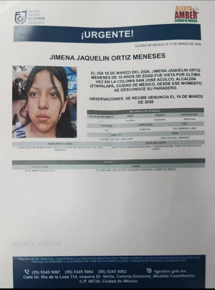 🚨 Por favor su ayuda 
Captan el último momento de María José antes de desaparecer en Tecámac

Una adolescente de 14 años, María José Martínez, es buscada por su familia y autoridades después de desaparecer el pasado 15 de marzo en Tecámac, Estado de México.

De acuerdo con la