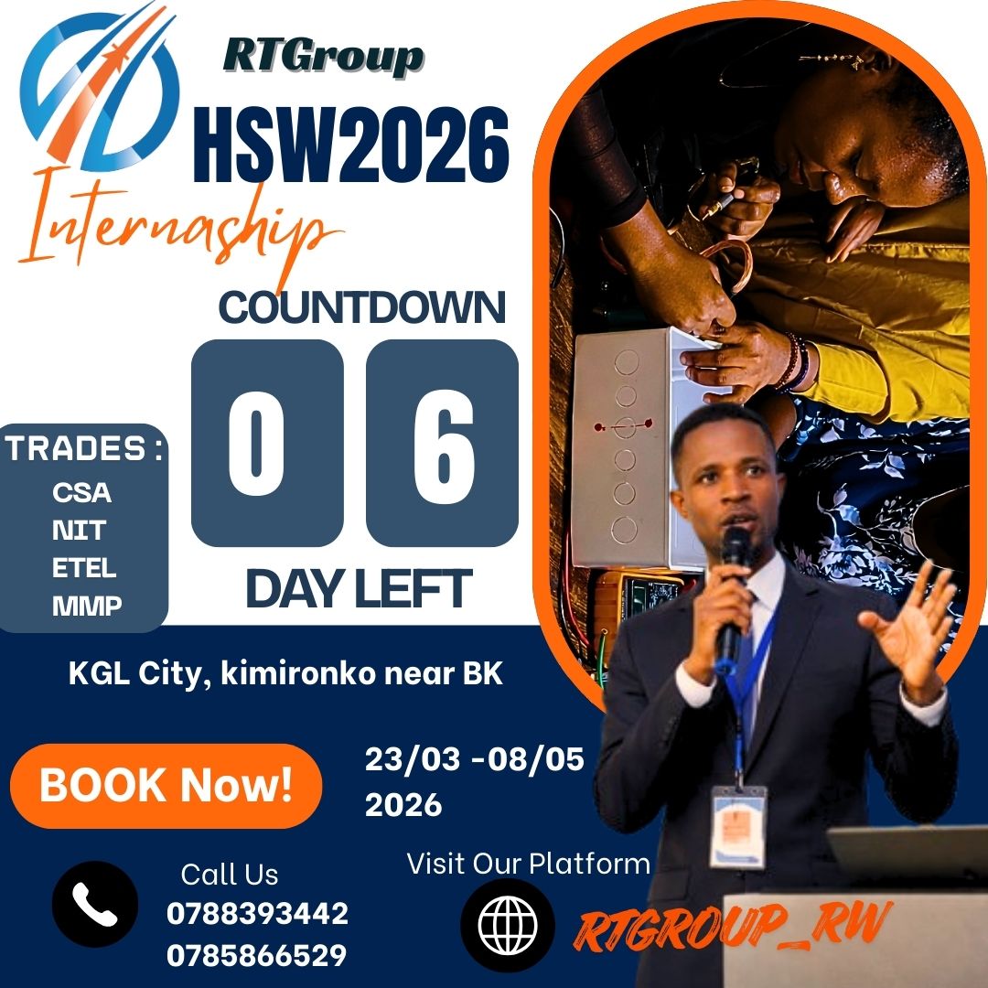 rtgroup_rw's tweet photo. ✨ Your journey to success starts with one decision.

Only 6 days left to join the HSW2026 Internship Program!
Learn by doing. Grow by experience.
🎯 Trades: CSA | NIT | ETEL | MMP
📍 Kigali – Kimironko
#InternshipOpportunity #RTGroupRW #CareerGrowth #HandsOnLearning https://t.co/KlUTcGOMWf