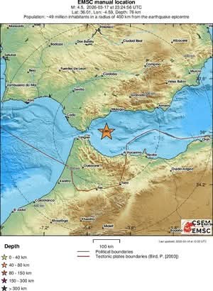 Sismo ocorrido a 2026-03-17 às 23:24:56.1 UTC com Magnitude 4.5, com Epicentro a 70 km E de Gibraltar e hipocentro a 76 km. Siosmograma registado no Sismómetro da Escola Ferreira Dias . O sismo foi sentido na região. Fonte <a href="/LastQuake/">EMSC</a>