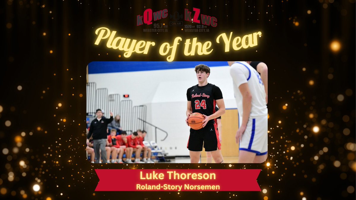 KQWCRadio's tweet photo. The 2025-26 #kqradio Boys Basketball Player of the Year is Roland-Story junior Luke Thoreson.

Thoreson averaged 17.7 PPG, shot 50% from the field and 35% from three in leading the Norse to an 18-6 record and a substate final appearance

📸: Christie Thoreson

#iahsbkb https://t.co/vOek9pi3QJ