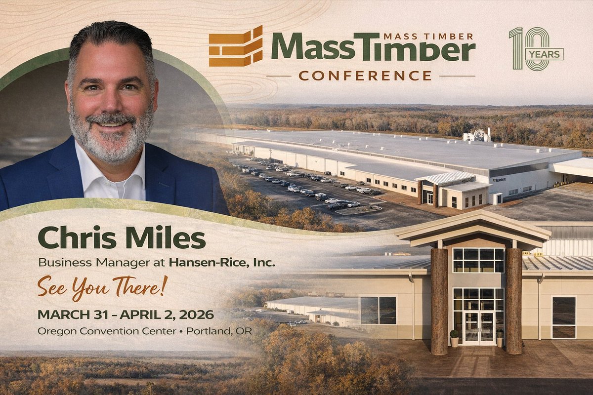 HansenRice's tweet photo. HRI will be at the International Mass Timber Conference in Portland, March 31 to April 2. Chris Miles is looking forward to connecting with valued clients, partners, and industry leaders.

#MassTimberConference #IMTC2026 https://t.co/Qw20FGhnBe