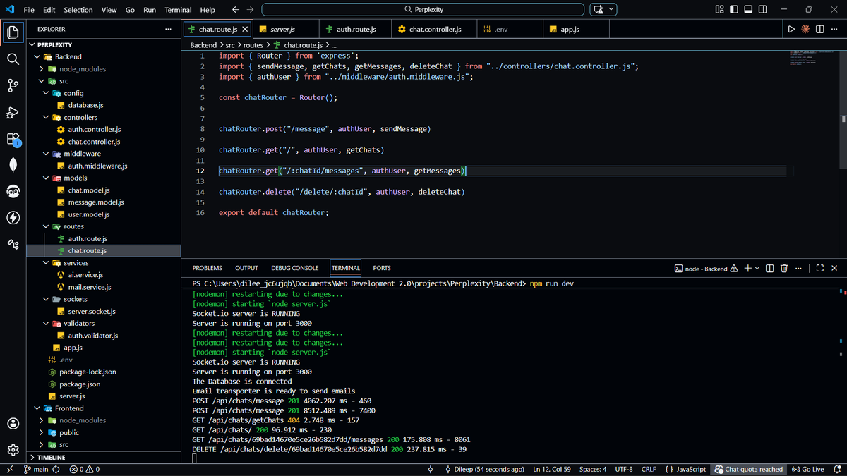 dilsecode's tweet photo. Day 5 of building a Perplexity AI clone 🚀

Built full chat system (not just prompts):
• Chat creation + titles
• Follow-up messages with context
• Get all chats &amp; messages
• Delete chats
Frontend with React + Redux is live too.
Doing this during exams. No excuses. https://t.co/UwVb91Rcn0