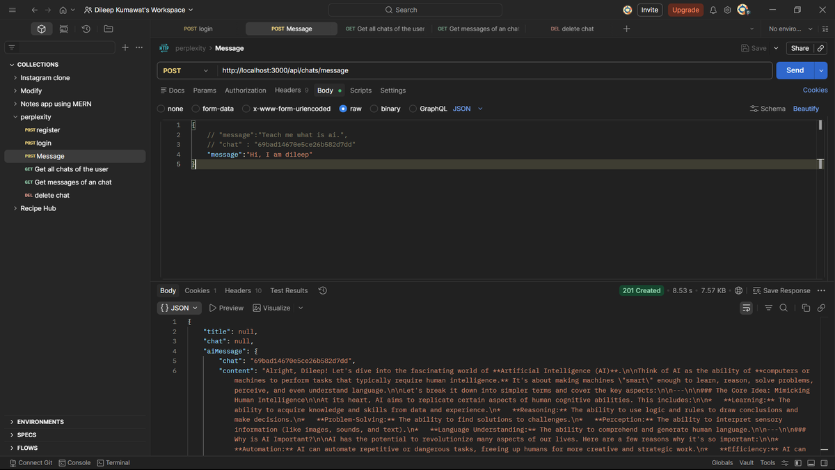 dilsecode's tweet photo. Day 5 of building a Perplexity AI clone 🚀

Built full chat system (not just prompts):
• Chat creation + titles
• Follow-up messages with context
• Get all chats &amp; messages
• Delete chats
Frontend with React + Redux is live too.
Doing this during exams. No excuses. https://t.co/UwVb91Rcn0