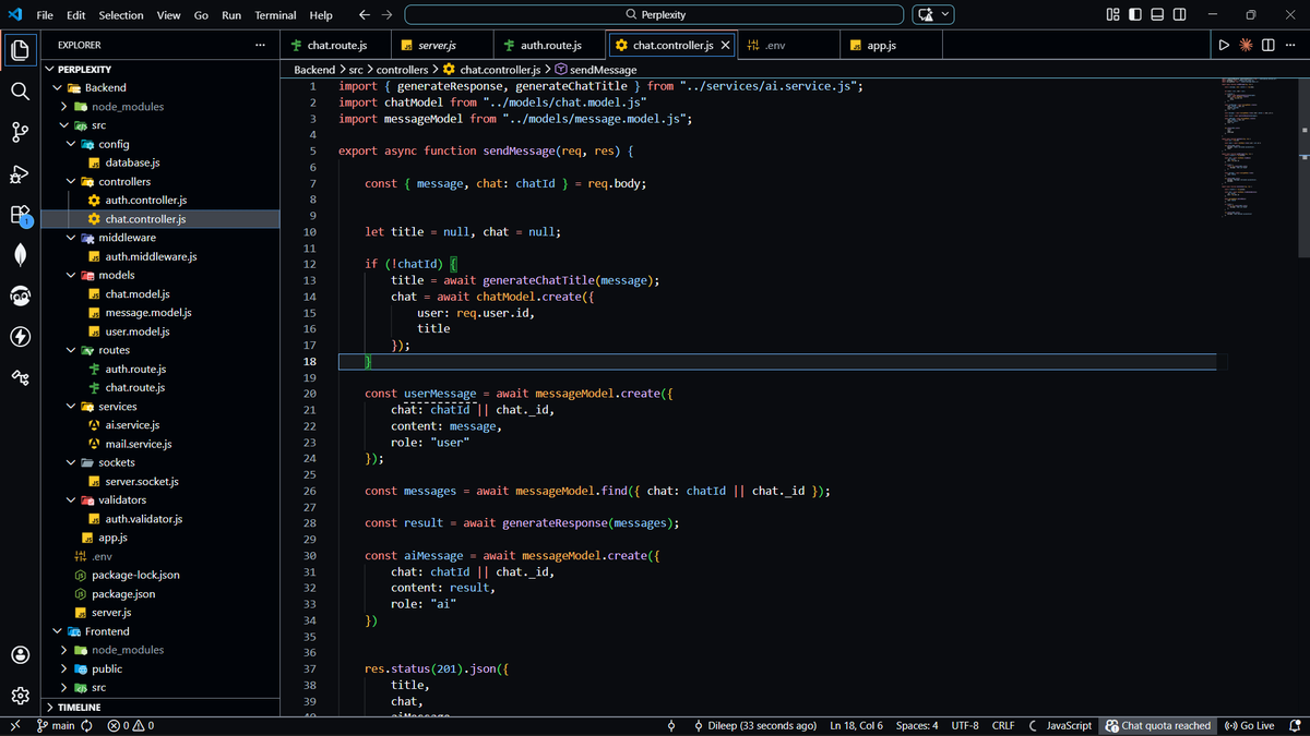 dilsecode's tweet photo. Day 5 of building a Perplexity AI clone 🚀

Built full chat system (not just prompts):
• Chat creation + titles
• Follow-up messages with context
• Get all chats &amp; messages
• Delete chats
Frontend with React + Redux is live too.
Doing this during exams. No excuses. https://t.co/UwVb91Rcn0