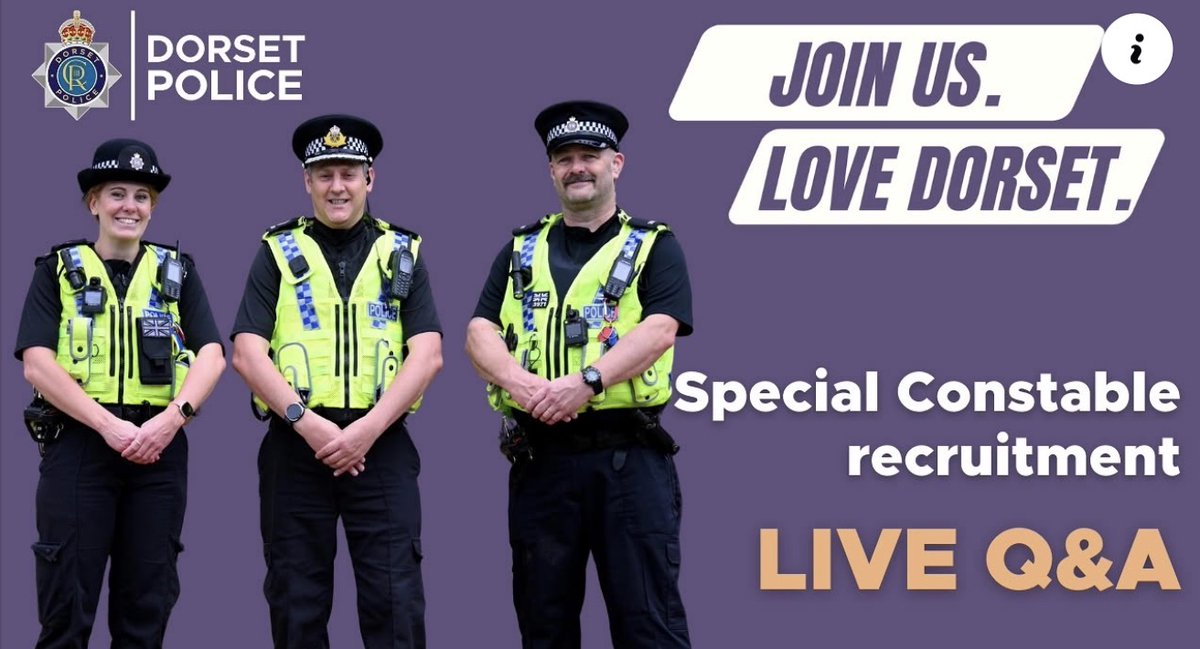 DorsetSpecials's tweet image. 🚨TONIGHT🚨 Interested in policing and giving back? Join Dorset Police as a volunteer Special Constable. Gain skills, training &amp;amp; support. Attend online Q&amp;amp;A events (18 &amp;amp; 25 March, 5:30pm). Register: orlo.uk/9kYQN
More info: orlo.uk/KYM0t