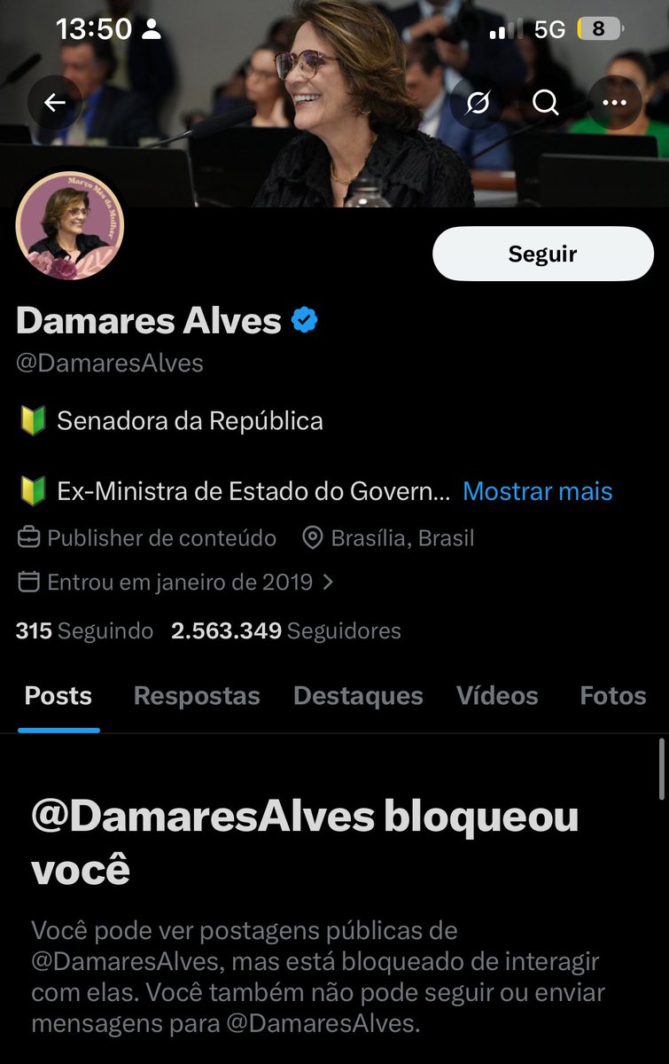 Damares alves me bloqueou kkkkkk