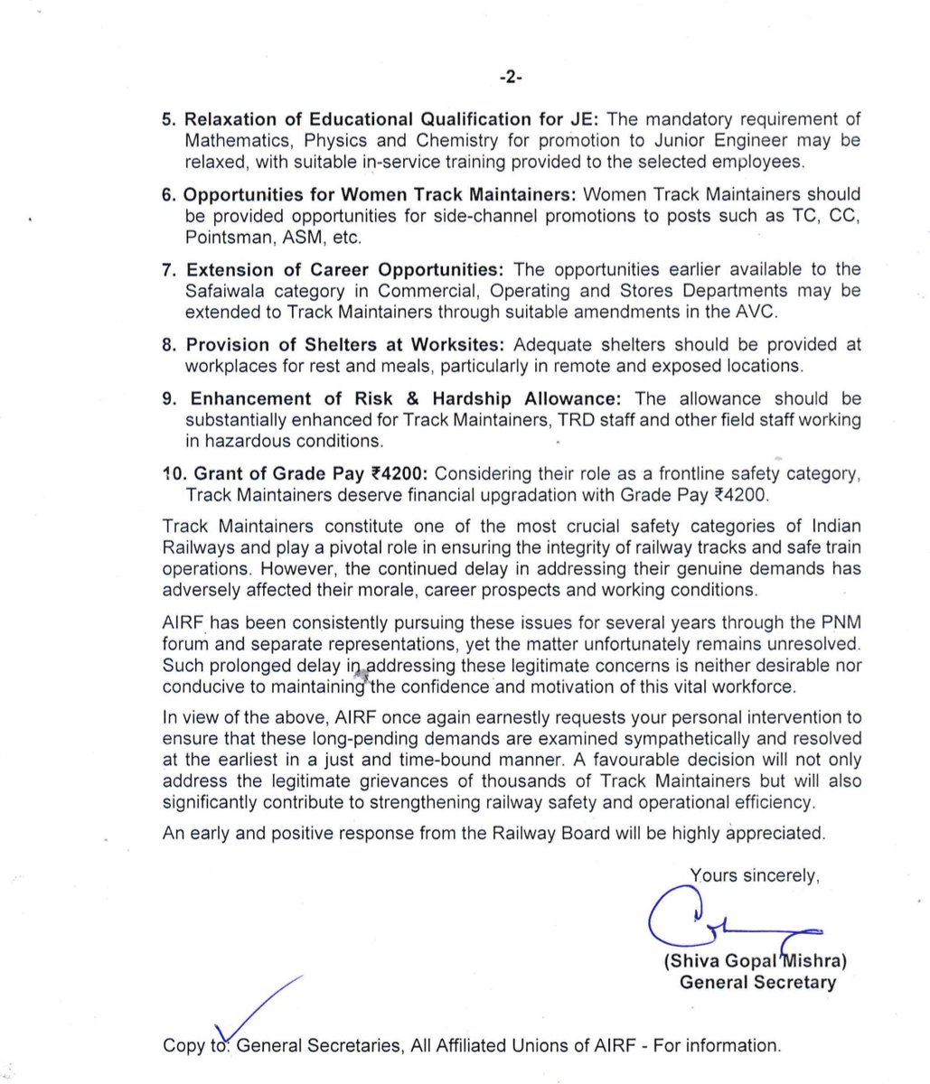 Letter to CRB/CEO of Railway Board for long pending demands of Track Maintainers  of Engineering Department.
#Airffortrackmantainers #TrackMan #engineering #railwayboard #employeesright