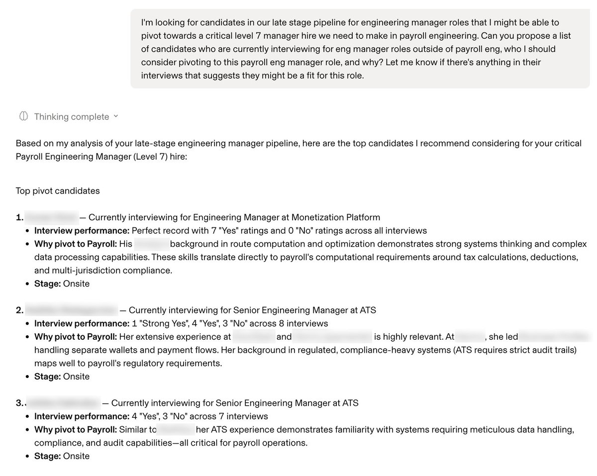 parkerconrad's tweet photo. 4/ For critical roles that aren't getting filled, I ask Rippling AI to comb through our candidate pipeline, and find individuals we can pivot. In this example, Rippling AI cites interviewer panel ratings, relevant work history, even recorded interview transcripts: https://t.co/Xg6onyiv4B