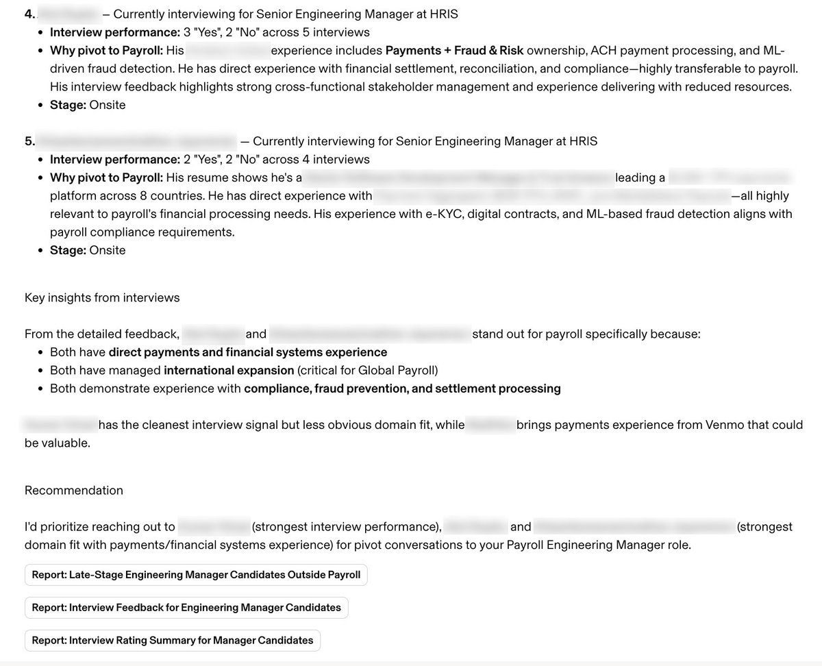 parkerconrad's tweet photo. 4/ For critical roles that aren't getting filled, I ask Rippling AI to comb through our candidate pipeline, and find individuals we can pivot. In this example, Rippling AI cites interviewer panel ratings, relevant work history, even recorded interview transcripts: https://t.co/Xg6onyiv4B