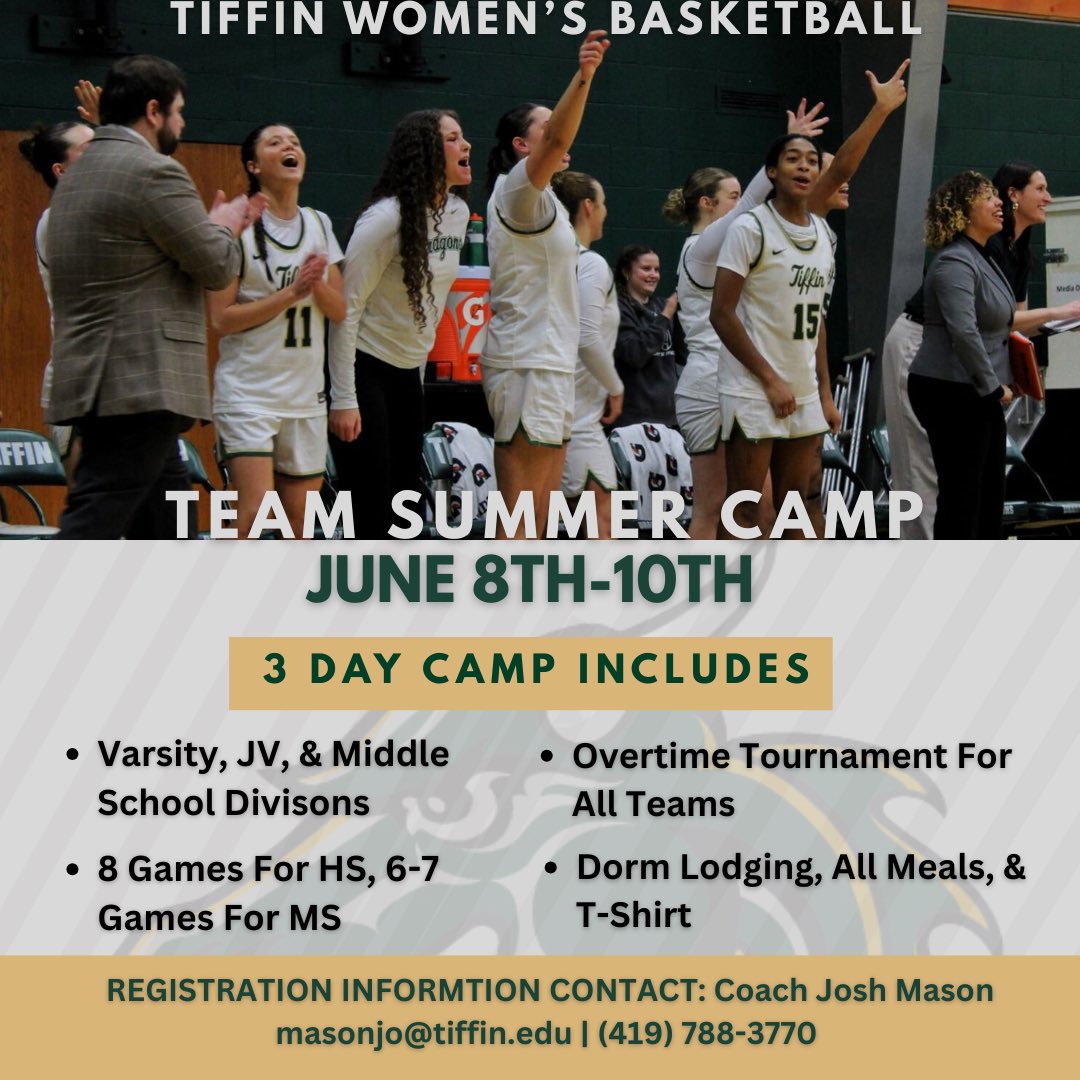 TiffinUWBB's tweet photo. It is almost time for our 2026 team summer camp! Reach out to Head Coach, Josh Mason for information on how to register‼️

Email is masonjo@tiffin.edu 

#TUWBB #GOGONS https://t.co/QoiO1IW97b