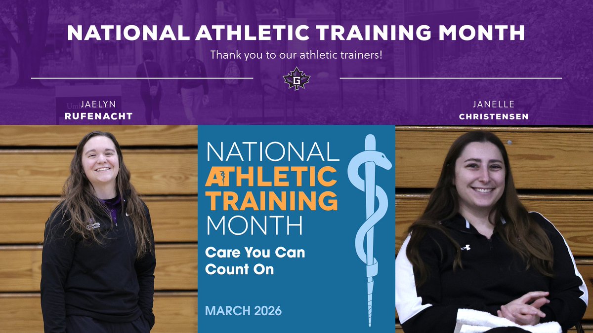 GC_MapleLeafs's tweet photo. We would like to recognize our athletic trainers for their essential role in providing injury prevention, emergency care and rehabilitation for our Goshen student-athletes. Thank you to Jaelyn Rufenacht and Janelle Christensen! @NATA1950 #NATM2025 #AthleticTraining #ATimpact https://t.co/gW33lCoJsE