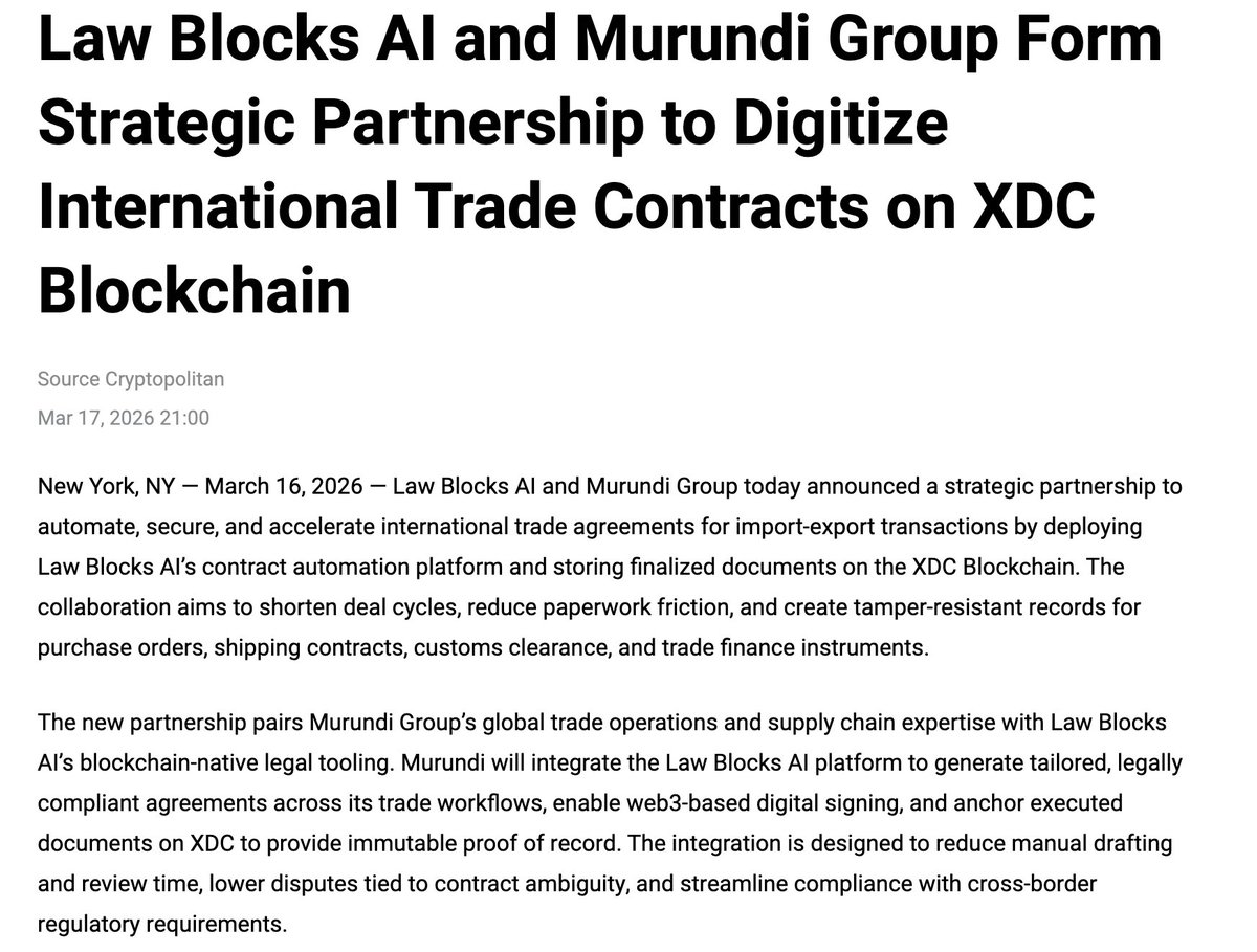 HTanaka34312's tweet photo. Law Blocks AI + Murundi Group are digitizing trade agreements on the $XDC blockchain ๐โจ
Secure ๐, fast โก, global ๐ trade!
๐ : https://t.co/j9lB5yDKo7
#XDC #BlockchainForBusiness #LawBlocks #MurundiGroup #GlobalCommerce #TechRevolution
@lawblockstoken @XDCNetwork https://t.co/jDnVptM6da