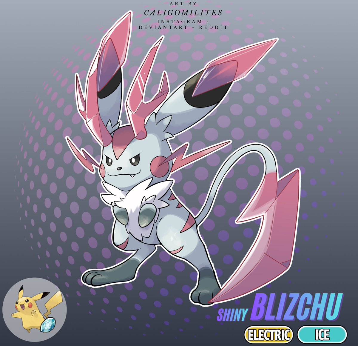 Meet Blizchu - the Frostmouse evolution of Pikachu!
(Electric / Ice Type)
Blizchu lives in the coldest regions of the world, where few other #Pokemon can survive. With its powerful, springy hind legs, it traverses frozen plains in the blink of an eye, leaving only fleeting tracks