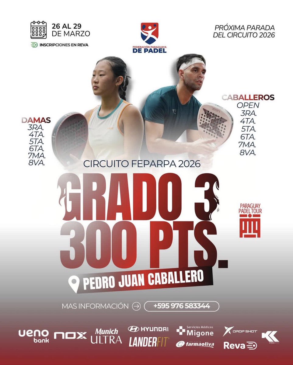 sndpy's tweet image. #Pádel🎾 • ¡Siguiente parada... Pedro Juan Caballero! 🥳

Llega el Grado 3 – 300 puntos, competencia importante que otorga puntos para el ranking 💪🏽

Categorías habilitadas
🙋‍♂️Caballeros: OPEN, 3ra, 4ta, 5ta, 6ta, 7ma y 8va
🙋‍♀️Damas: 3ra, 4ta, 5ta, 6ta y 7ma

#ElDeporteNosUne🤝🏼