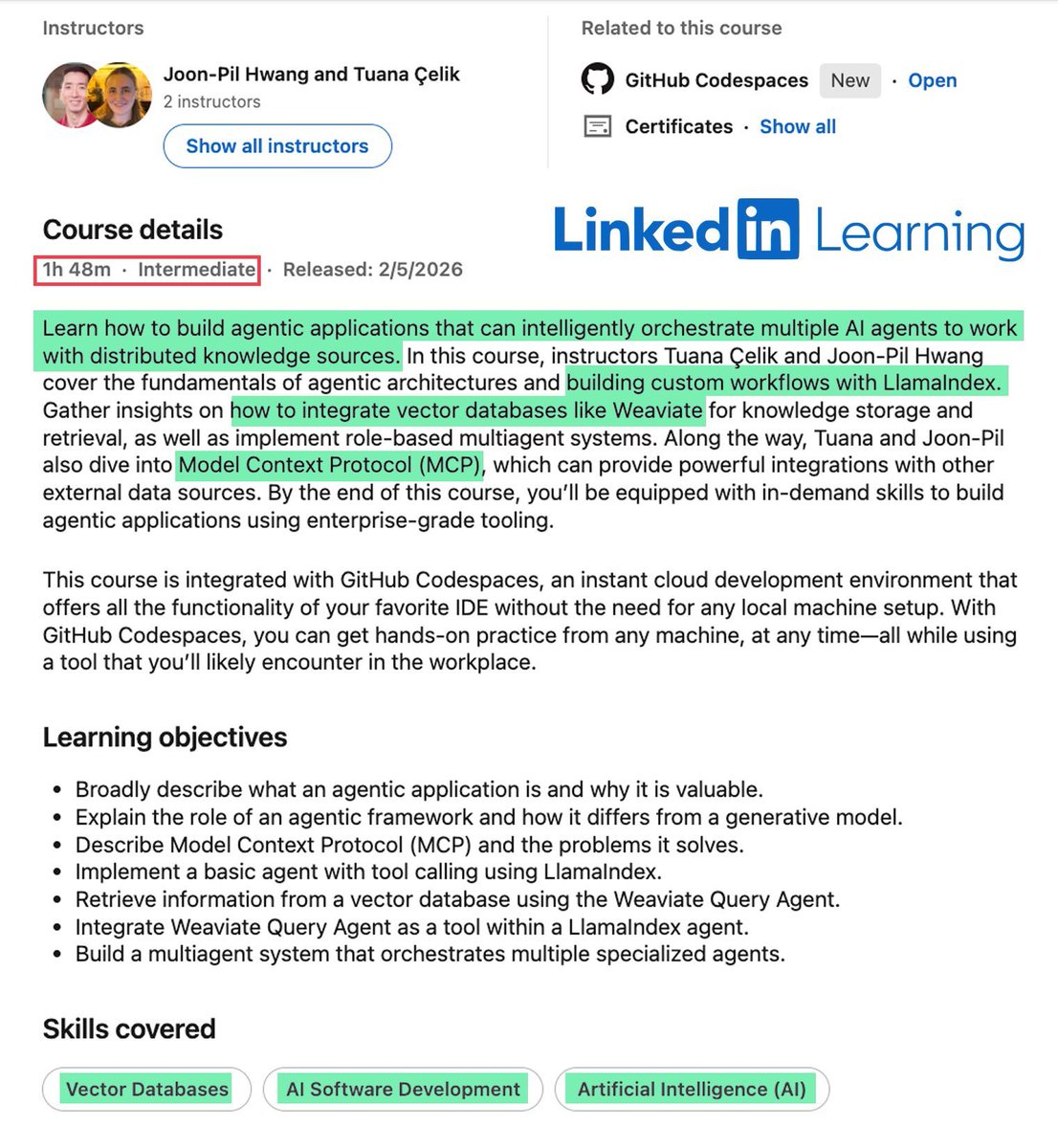 weaviate_io's tweet photo. Want to build AI agents that reason, use tools, and coordinate?

This course takes you from foundations to production-ready systems:

Hosted by @tuanacelik and @_jphwang , it is packed with everything you need to build modern AI agents using production-grade tools with Weaviate and @llama_index. 💚

You'll learn how to:
• Build multiagent applications with 𝗟𝗹𝗮𝗺𝗮𝗜𝗻𝗱𝗲𝘅
• Use 𝗪𝗲𝗮𝘃𝗶𝗮𝘁𝗲 as a distributed AI knowledge base
• Connect to 𝗠𝗼𝗱𝗲𝗹 𝗖𝗼𝗻𝘁𝗲𝘅𝘁 𝗣𝗿𝗼𝘁𝗼𝗰𝗼𝗹 (𝗠𝗖𝗣) servers
• Create custom agent workflows with real-time data access
• Implement human-in-the-loop systems
• Coordinate multiple AI agents for complex tasks

You'll work hands-on with the actual tools and frameworks used in production environments.

Perfect for anyone who’s building their first agent or scaling up existing systems, this course covers the full spectrum of agentic AI development 🔥

Save it for later: https://t.co/x3Y0hn3KR4