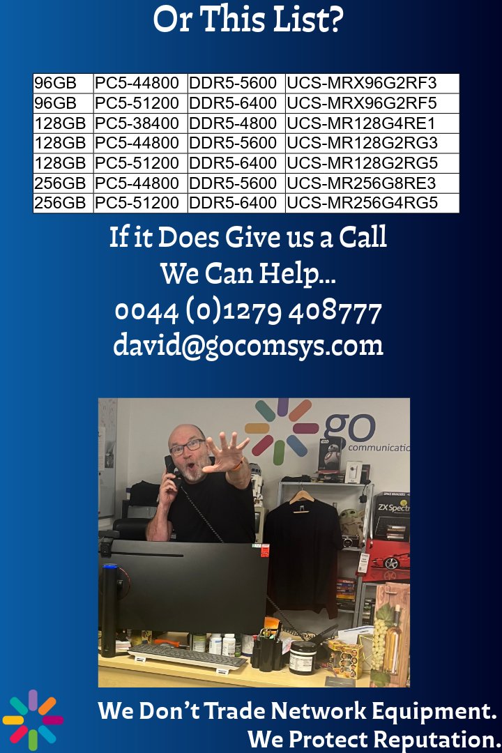 If your order’s delayed or prices have jumped, there are still options. We stock used DDR4 &amp; DDR5 Cisco memory and can sometimes source new. We also hold approved OEM part lists (Samsung, SK Hynix, Micron) for Cisco UCS—so if memory’s blocking your project, let’s talk.